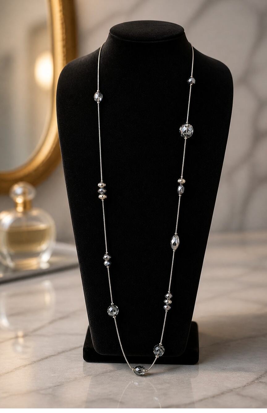Long Silver Tone Station Bead Necklace